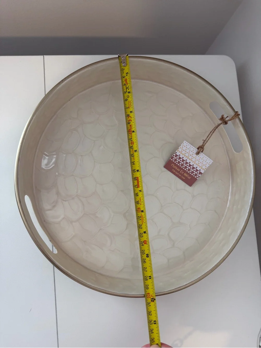 Round Gold Metal Serving Tray Hammered Decorative Handles 12” New